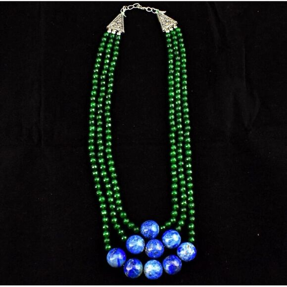Vintage Natural 3 Strand Onyx / Lapis Lazurel Round Beads Necklace - Picture 2 of 9